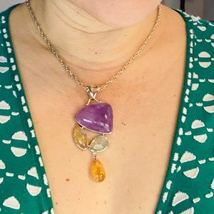 Multi Gemstone Sterling Silver Necklace Pendant -Purple Amethyst, Green Amethyst